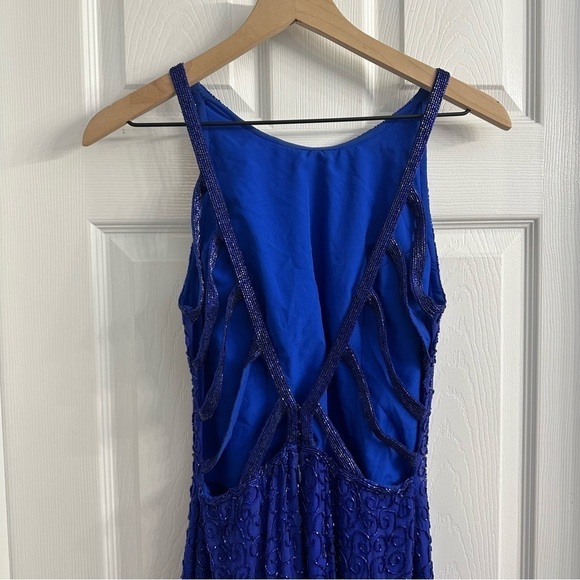 Vintage Prom Dress Formal Long Silk Beaded Open Back Blue Leg Slit Event Small - Picture 9 of 9
